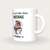 Personalised Unicorn Mug, Just A Girl Who Loves Unicorns, three-quarter view