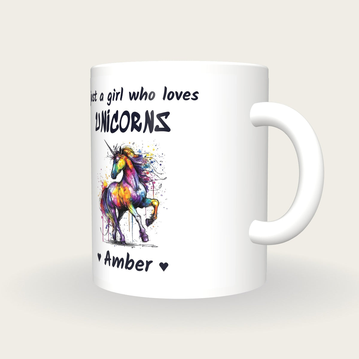 Personalised Unicorn Mug, Just A Girl Who Loves Unicorns, three-quarter view