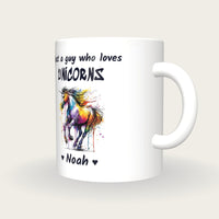 Personalised Unicorn Mug, Just A Guy Who Loves Unicorns, three-quarter view
