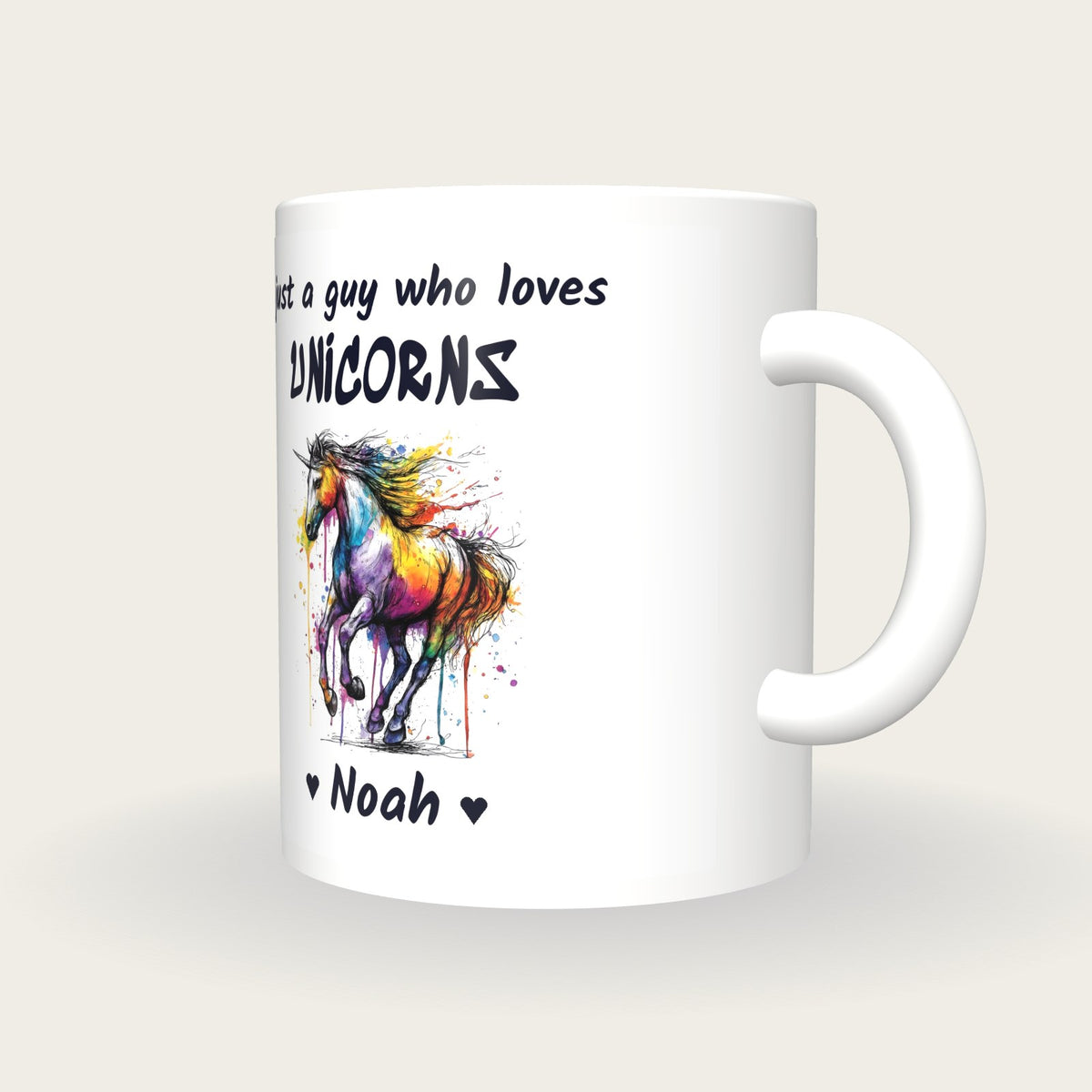 Personalised Unicorn Mug, Just A Guy Who Loves Unicorns, three-quarter view