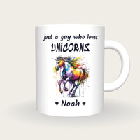 Personalised Unicorn Mug, Just A Guy Who Loves Unicorns, front