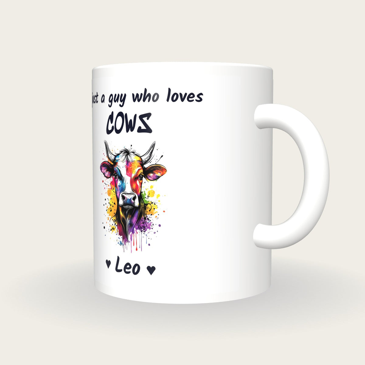 Personalised Cow Mug, Just A Guy Who Loves Cows, three-quarter view