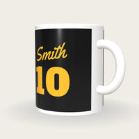 Personalised Black and Gold Baseball Jersey Mug, three-quarter view