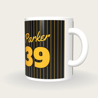 Personalised Black with Gold Pinstripes Baseball Jersey Mug, three-quarter view