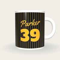 Personalised Black with Gold Pinstripes Baseball Jersey Mug, front