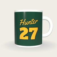 Personalised Forest Green and Gold Baseball Jersey Mug, front