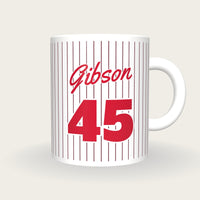 Personalised Maroon Pinstripes Baseball Jersey Mug, front