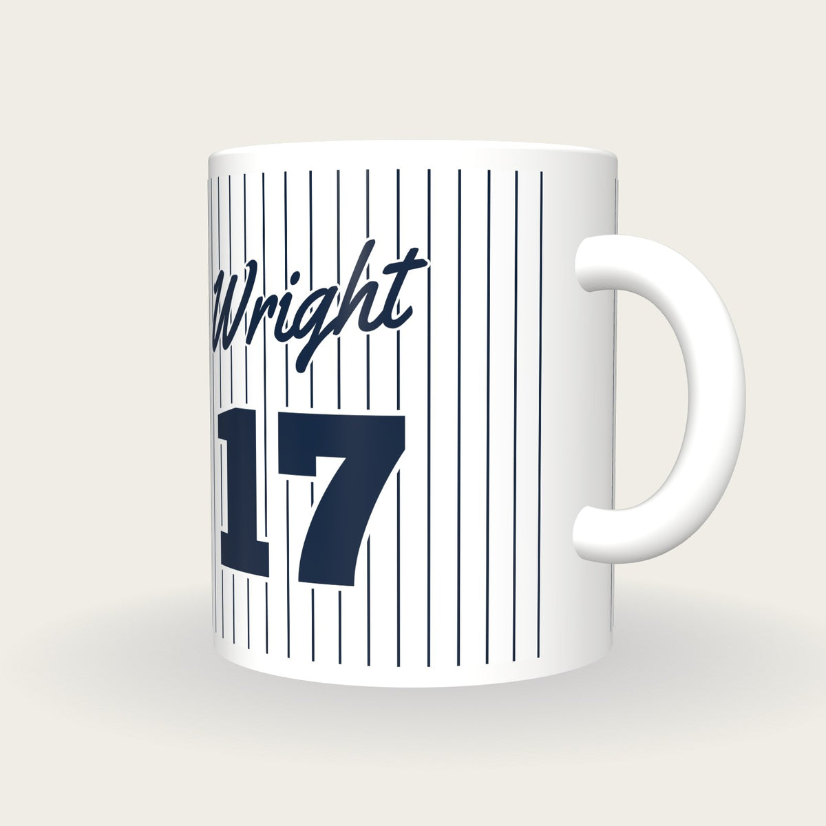 Personalised Navy Pinstripes Baseball Jersey Mug, three-quarter view