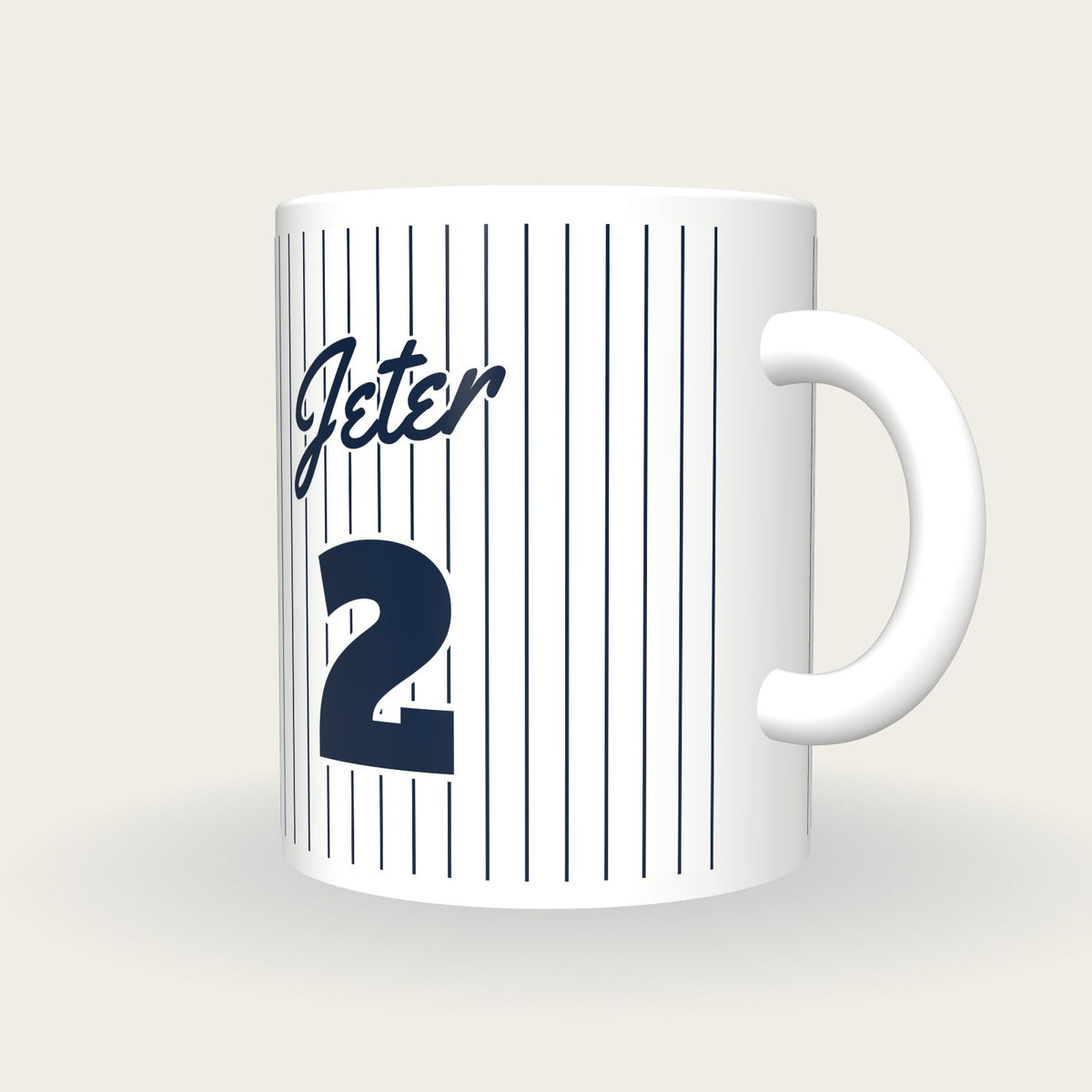 Personalised Navy Pinstripes Baseball Jersey Mug, three-quarter view