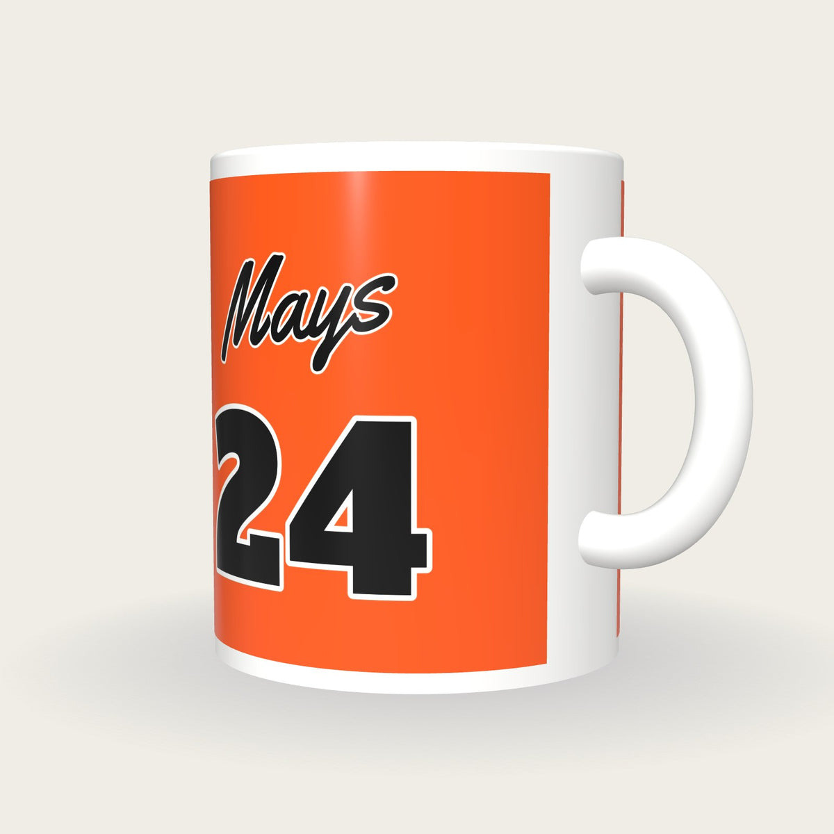 Personalised Orange and Black Baseball Jersey Mug, three-quarter view