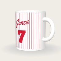 Personalised Red Pinstripes Baseball Jersey Mug, three-quarter view