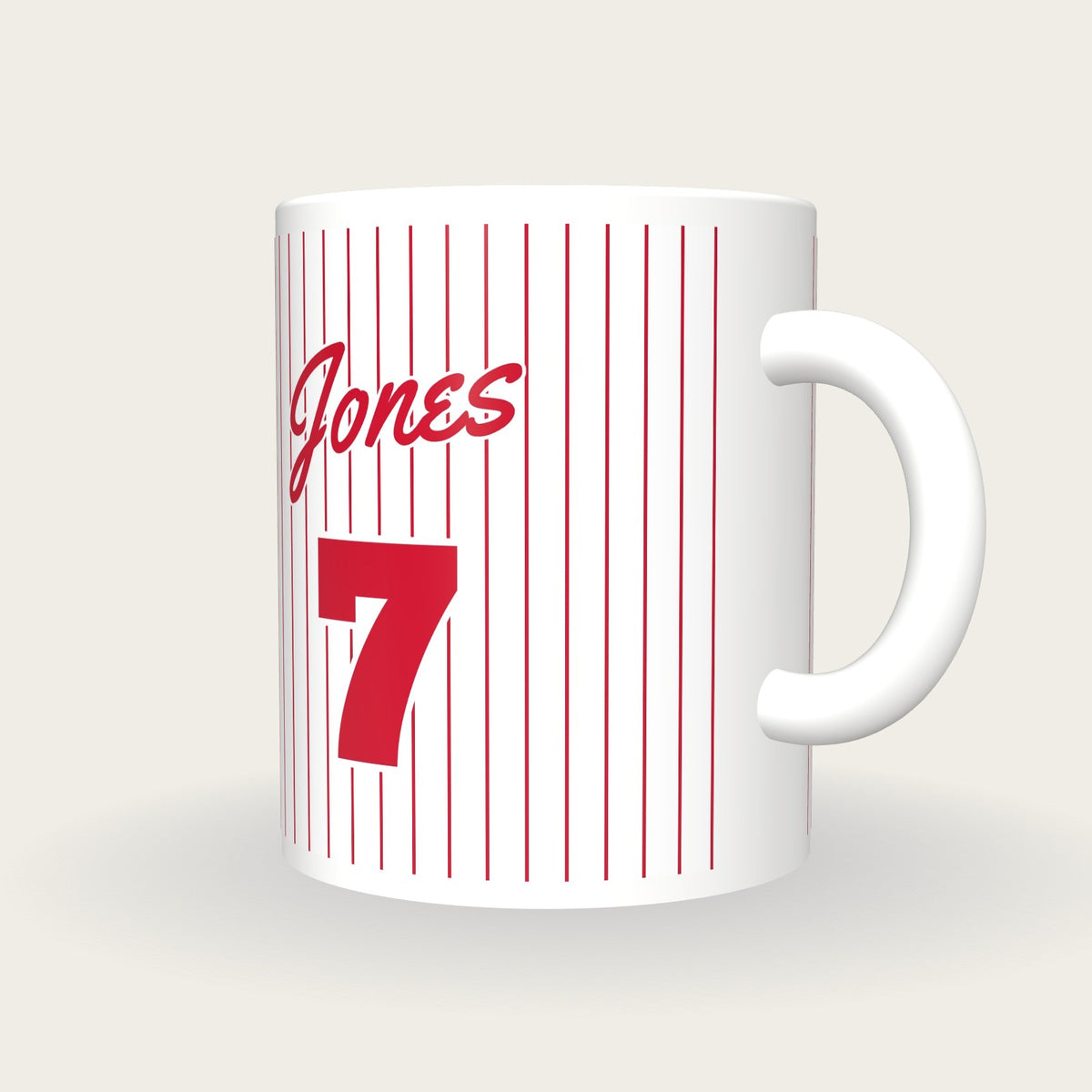Personalised Red Pinstripes Baseball Jersey Mug, three-quarter view