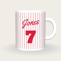 Personalised Red Pinstripes Baseball Jersey Mug, front