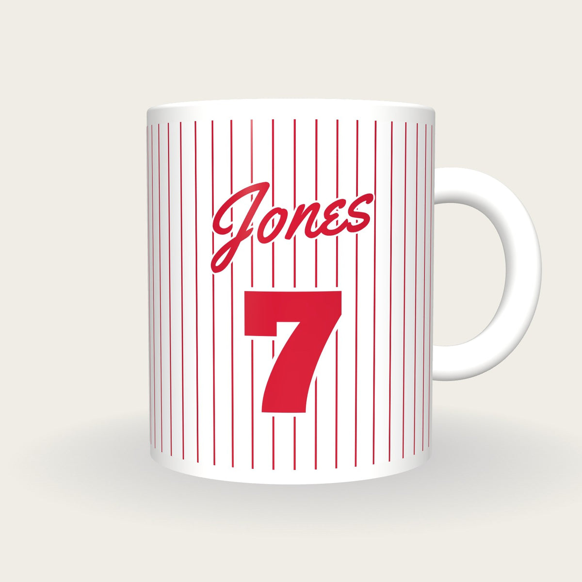 Personalised Red Pinstripes Baseball Jersey Mug, front