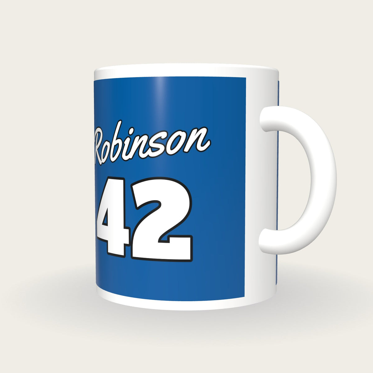 Personalised Royal Blue and White Baseball Jersey Mug, three-quarter view