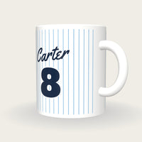Personalised Sky Blue Pinstripes Baseball Jersey Mug, three-quarter view