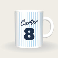 Personalised Sky Blue Pinstripes Baseball Jersey Mug, front
