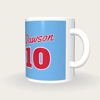 Personalised Sky Blue and Red Baseball Jersey Mug, three-quarter view