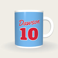 Personalised Sky Blue and Red Baseball Jersey Mug, front