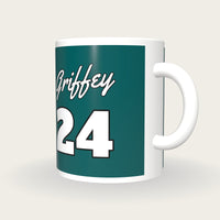Personalised Teal and White Baseball Jersey Mug, three-quarter view