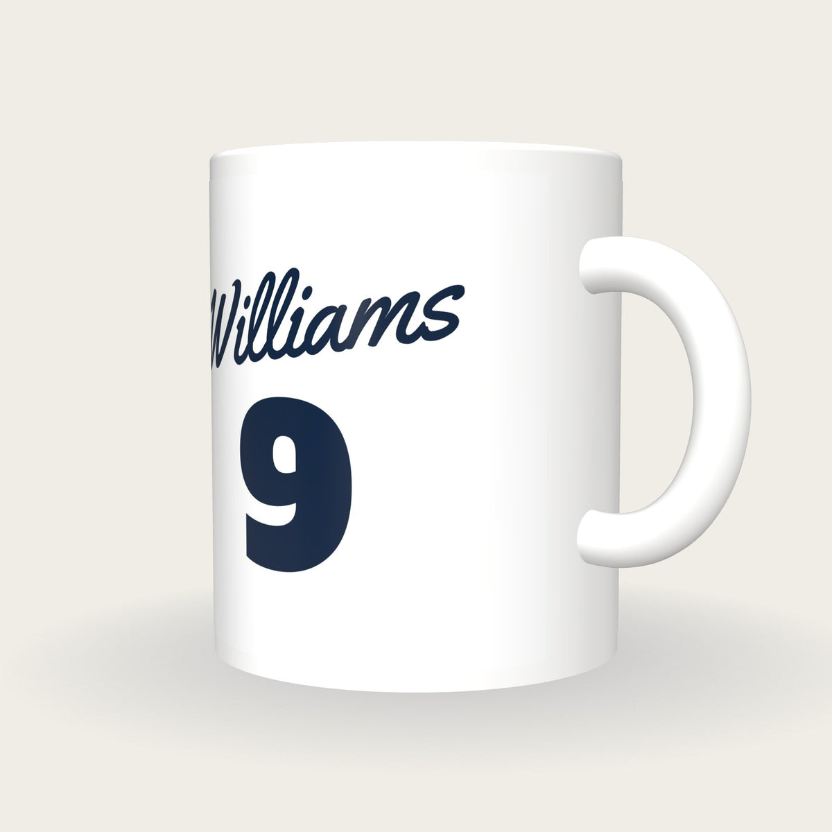 Personalised White and Navy Baseball Jersey Mug, three-quarter view
