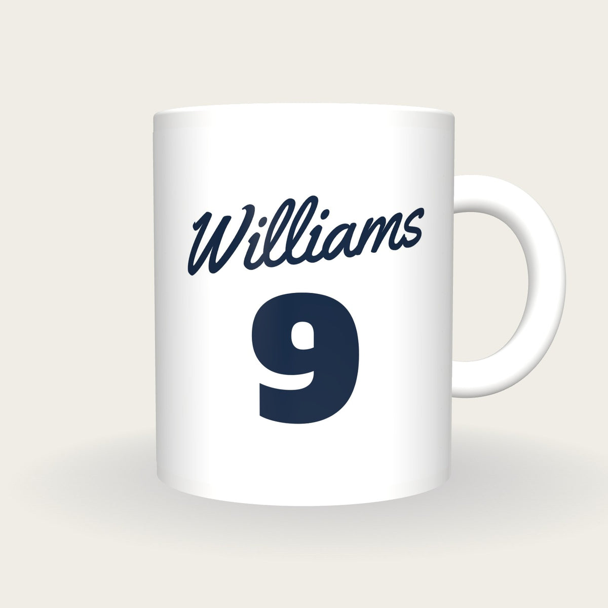 Personalised White and Navy Baseball Jersey Mug, front