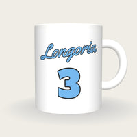 Personalised White and Sky Blue Baseball Jersey Mug, front