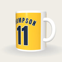 Personalised Gold and Royal Blue Basketball Jersey Mug, three-quarter view