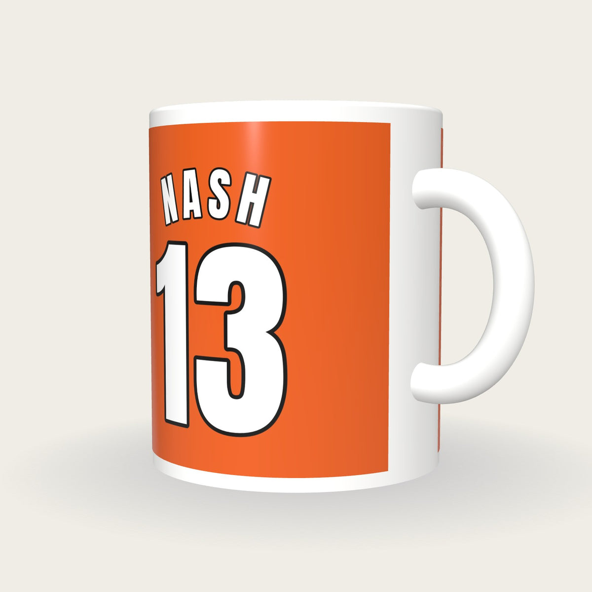 Personalised Orange and White Basketball Jersey Mug, three-quarter view
