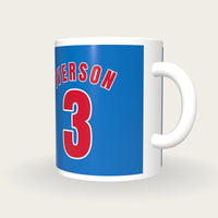 Personalised Royal Blue and Red Basketball Jersey Mug, three-quarter view