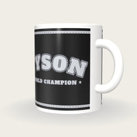 Personalised Black and Silver Boxing Robe Mug, three-quarter view