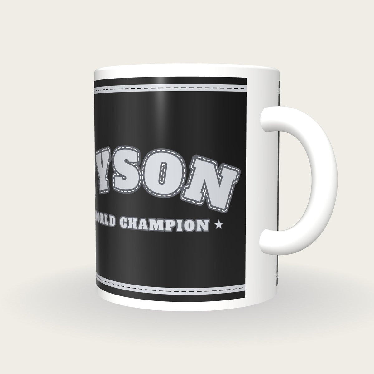 Personalised Black and Silver Boxing Robe Mug, three-quarter view