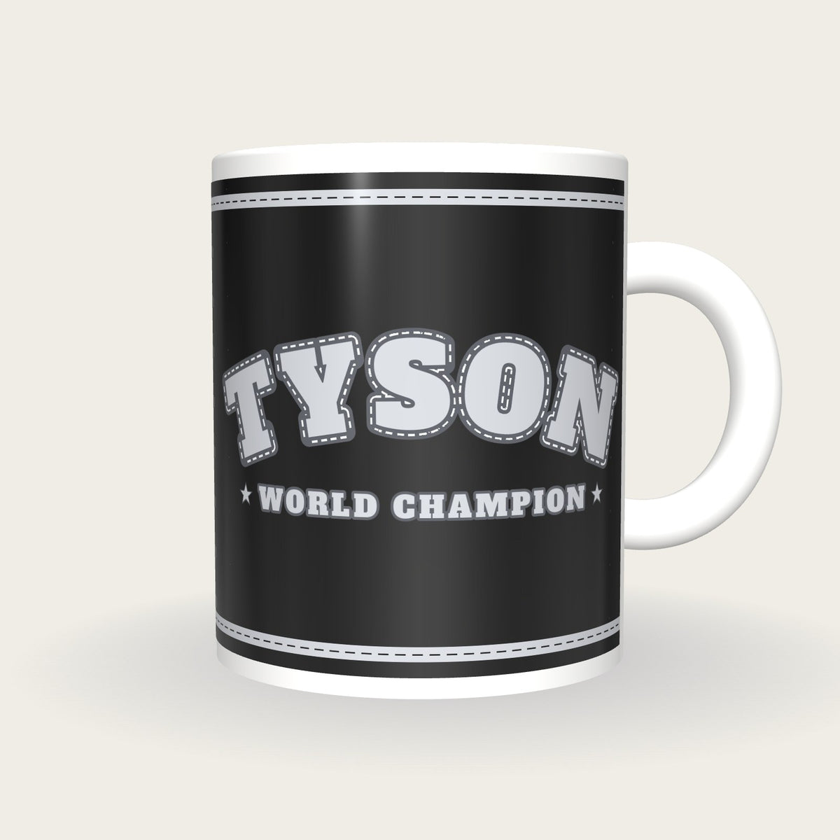 Personalised Black and Silver Boxing Robe Mug, front