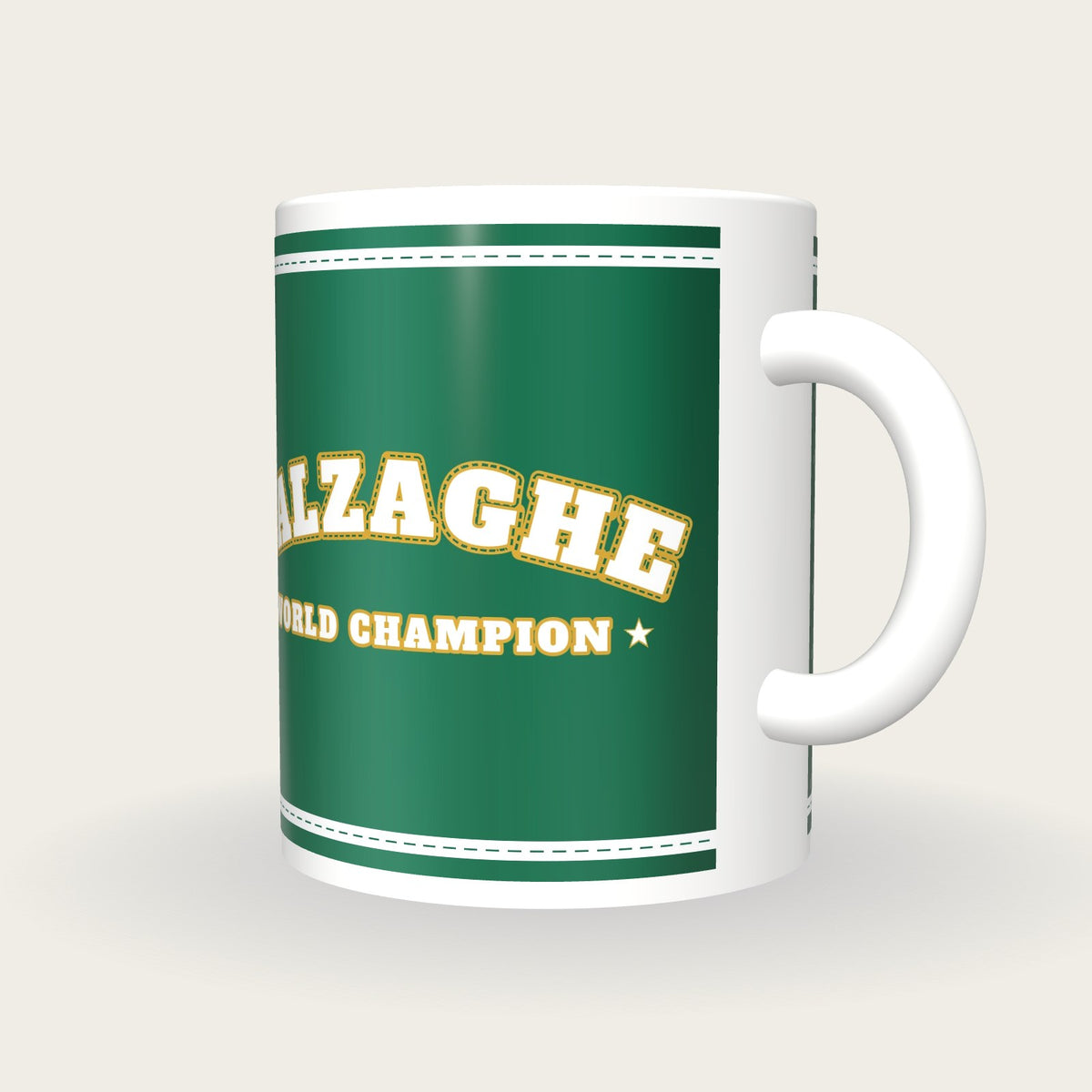 Personalised Emerald and White Boxing Robe Mug, three-quarter view