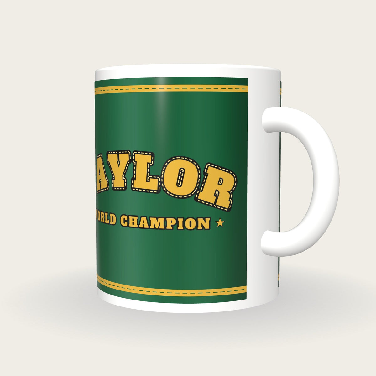 Personalised Green and Gold Boxing Robe Mug, three-quarter view