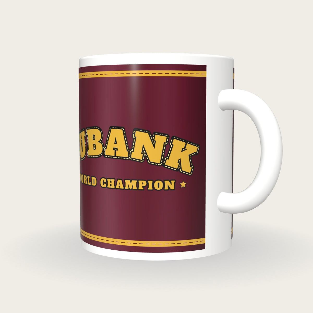 Personalised Maroon and Gold Boxing Robe Mug, three-quarter view