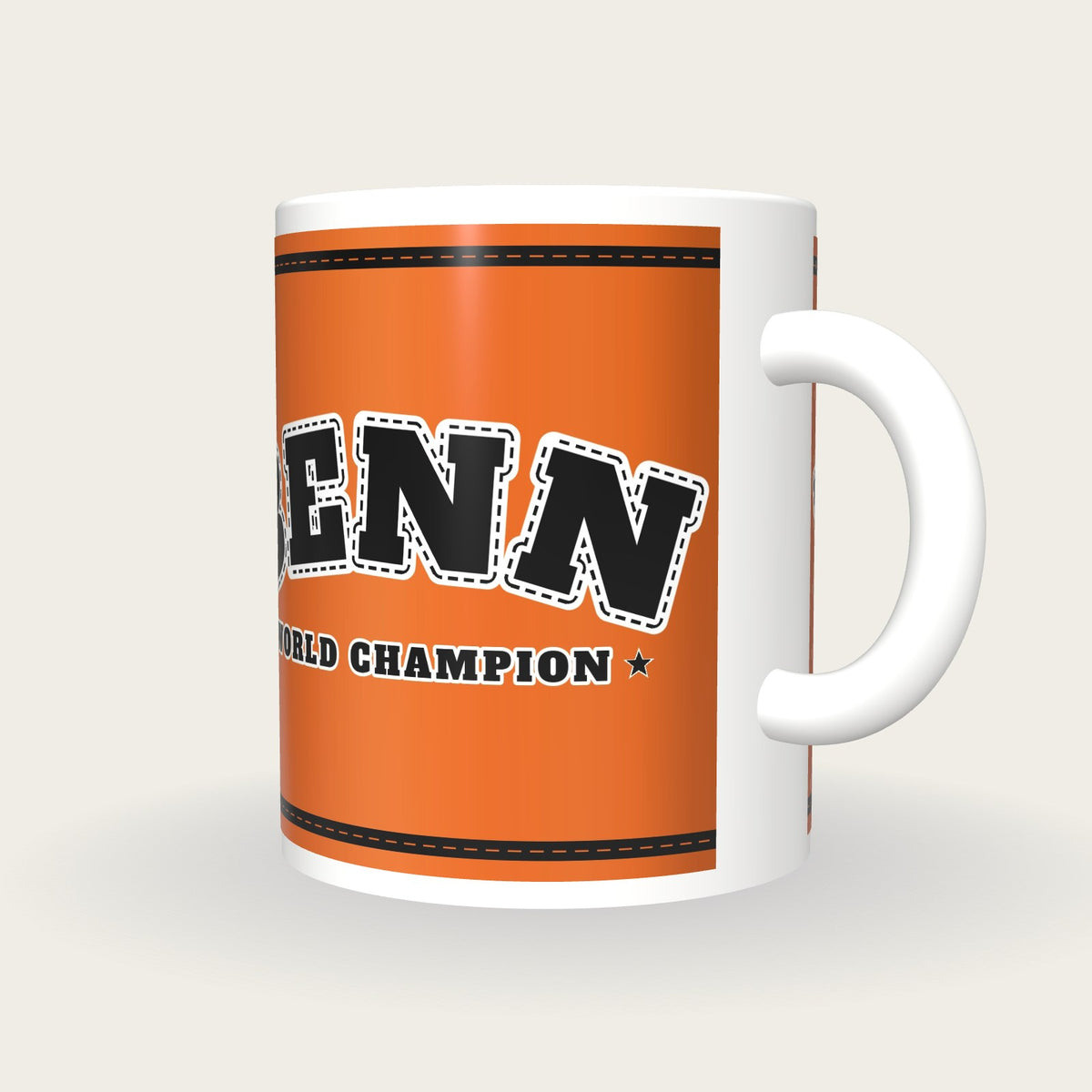 Personalised Orange and Black Boxing Robe Mug, three-quarter view