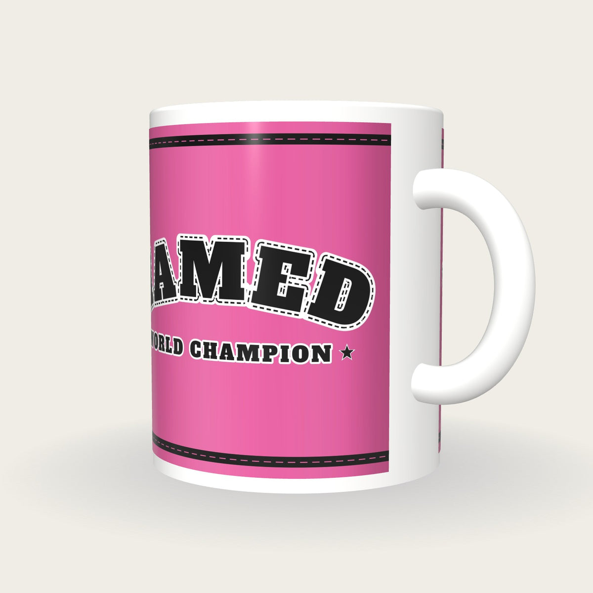 Personalised Pink and Black Boxing Robe Mug, three-quarter view
