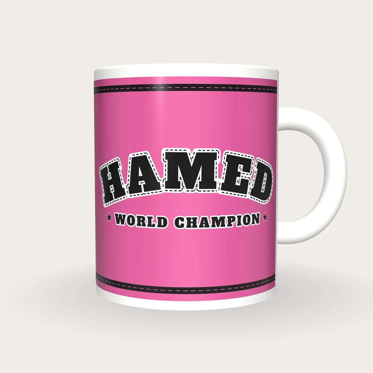 Personalised Pink and Black Boxing Robe Mug, front