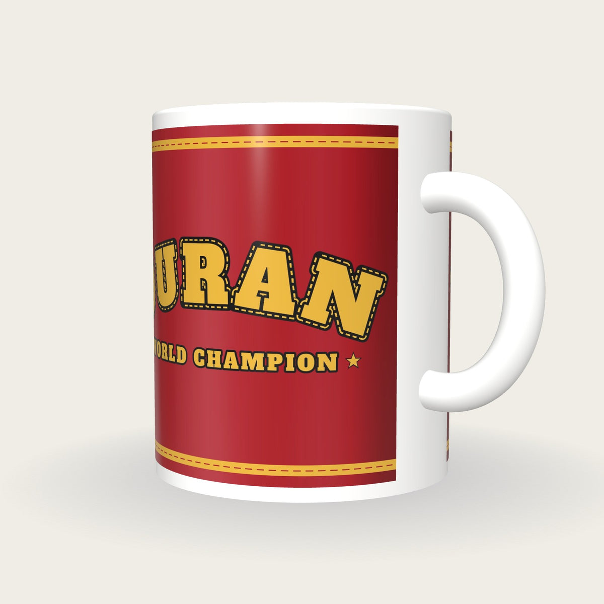 Personalised Red and Gold Boxing Robe Mug, three-quarter view