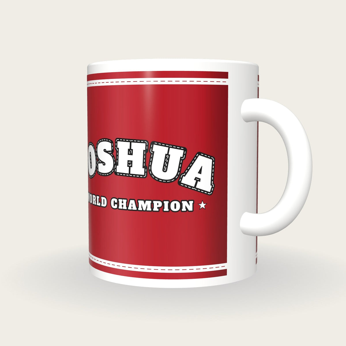 Personalised Red and White Boxing Robe Mug, three-quarter view