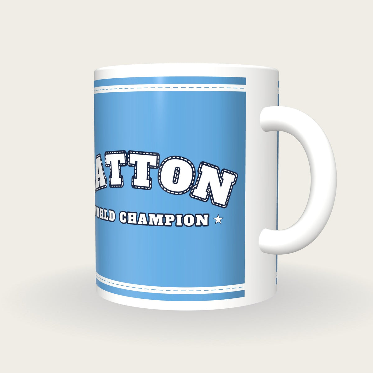 Personalised Sky Blue and White Boxing Robe Mug, three-quarter view