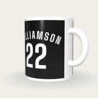 Personalised Black and White Cricket Shirt Mug, three-quarter view