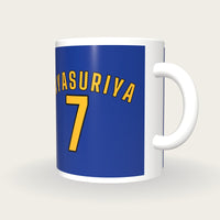 Personalised Blue and Yellow Cricket Shirt Mug, three-quarter view