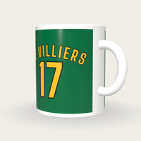 Personalised Green and Gold Cricket Shirt Mug, three-quarter view