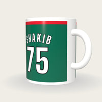 Personalised Green and Red Cricket Shirt Mug, three-quarter view