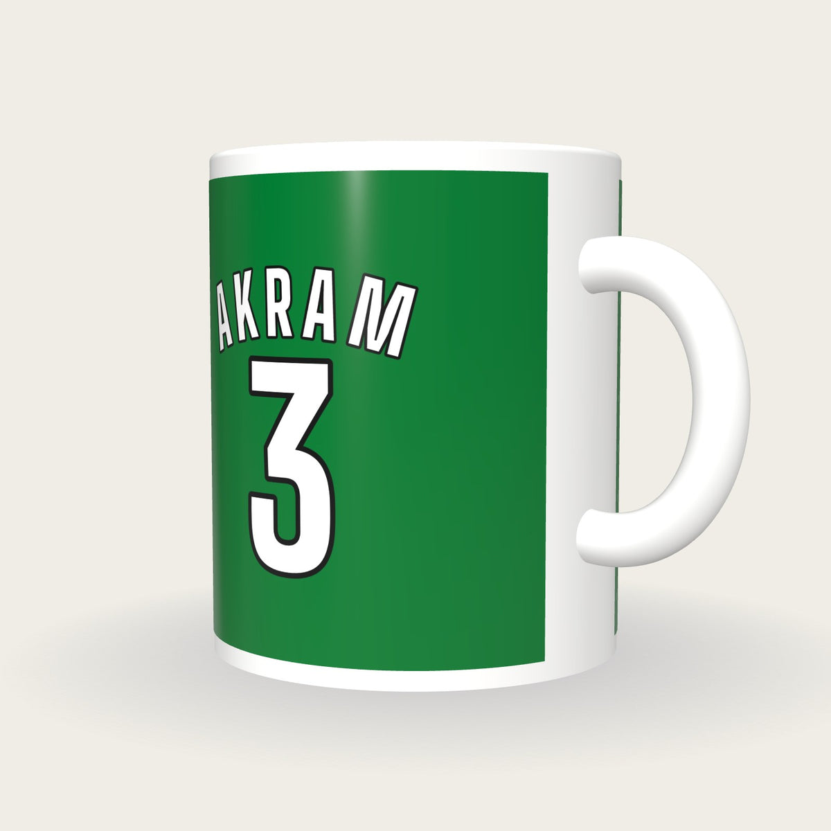 Personalised Green and White Cricket Shirt Mug, three-quarter view