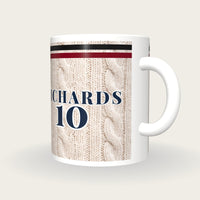 Personalised Black and Maroon Cable Knit Cricket Shirt Mug, three-quarter view