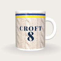 Personalised Blue and Yellow Cable Knit Cricket Shirt Mug, front