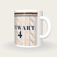 Personalised Brown and Grey Cable Knit Cricket Shirt Mug, three-quarter view